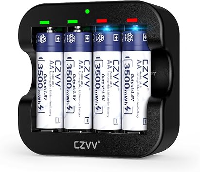 Lithium 1.5V Rechargeable AA Batteries 4-Pack, 3500mWh Massive Capacity Double A Supports Low-Battery Detection for Devices with 4-Slot Fast USB-C Black Charger for Blink Security Trail Cameras, etc.