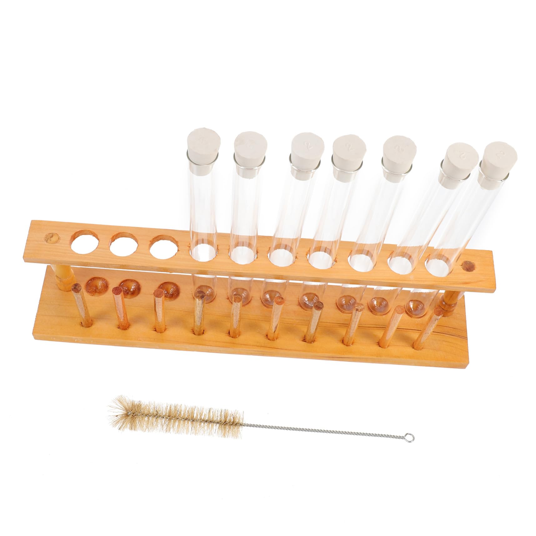 Mikinona Set 10 Provette in Vetro Con Tappo, Portaprovette in Legno a 10 Fori e Spazzola Per Pulizia, Attrezzatura Per Esperimenti Chimici Sicura e Resistente Per Laboratorio e Didattica