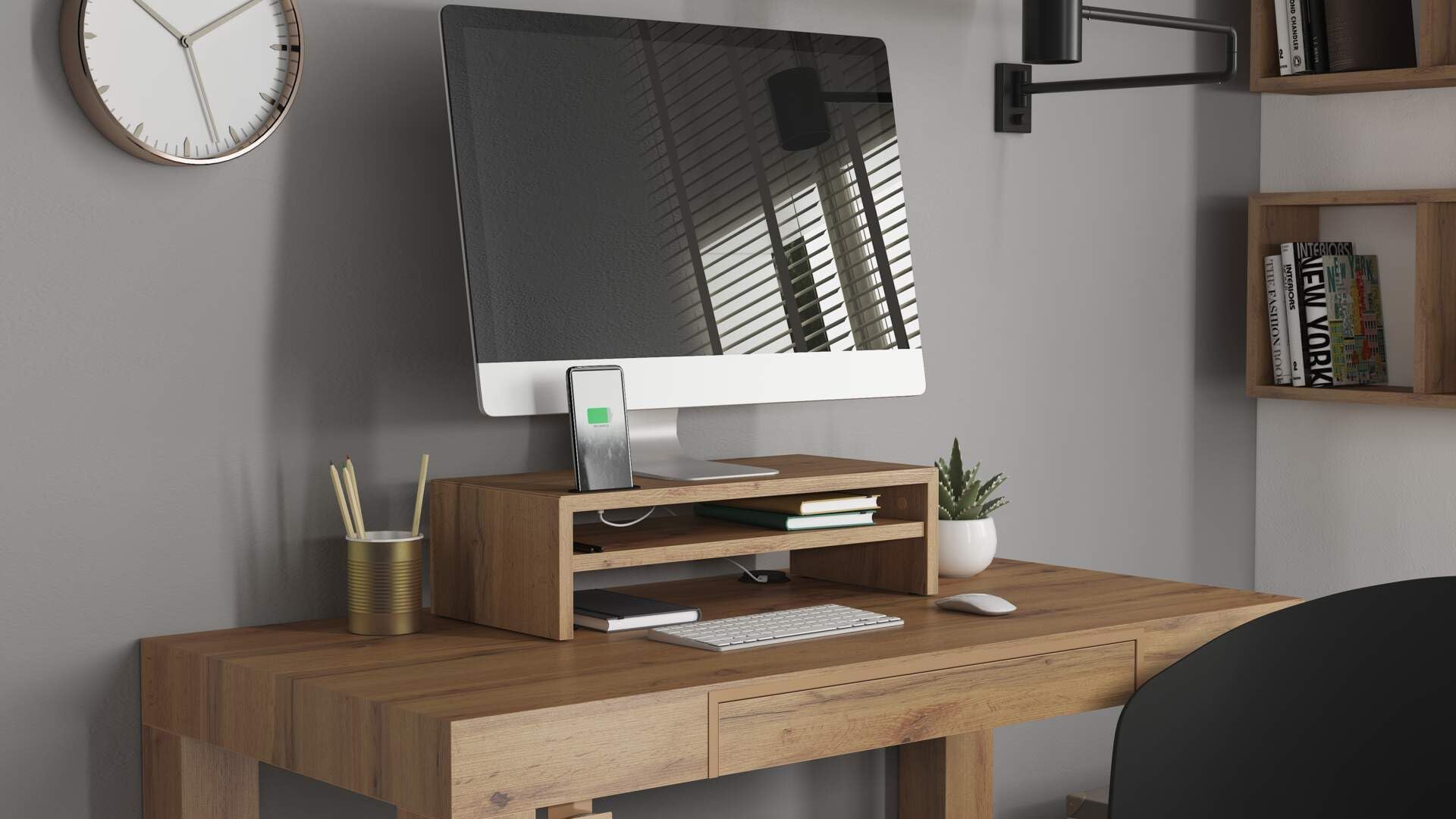 Mobili Fiver, Supporto per monitor Riki da scrivania, h.15 cm, color Rovere Rustico, Made in Italy