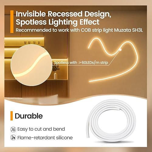 Miniatura 4 de Muzata Sistema de canal LED de silicona impecable de 16.5 pies/16.4 ft, tubo flexible empotrado con cubierta blanca lechosa pista más ancha para