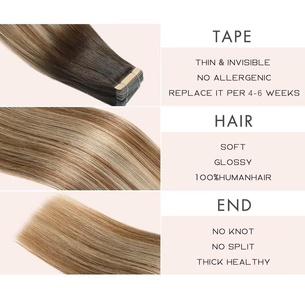 YDDM Extension Capelli Veri Biadesivo 20pcs 60cm 50g Castano con castano chiaro e biondo chiaro extension biadesive capelli veri Tape In Extension Adesive Capelli Veri(24inch,2/6/18K#)