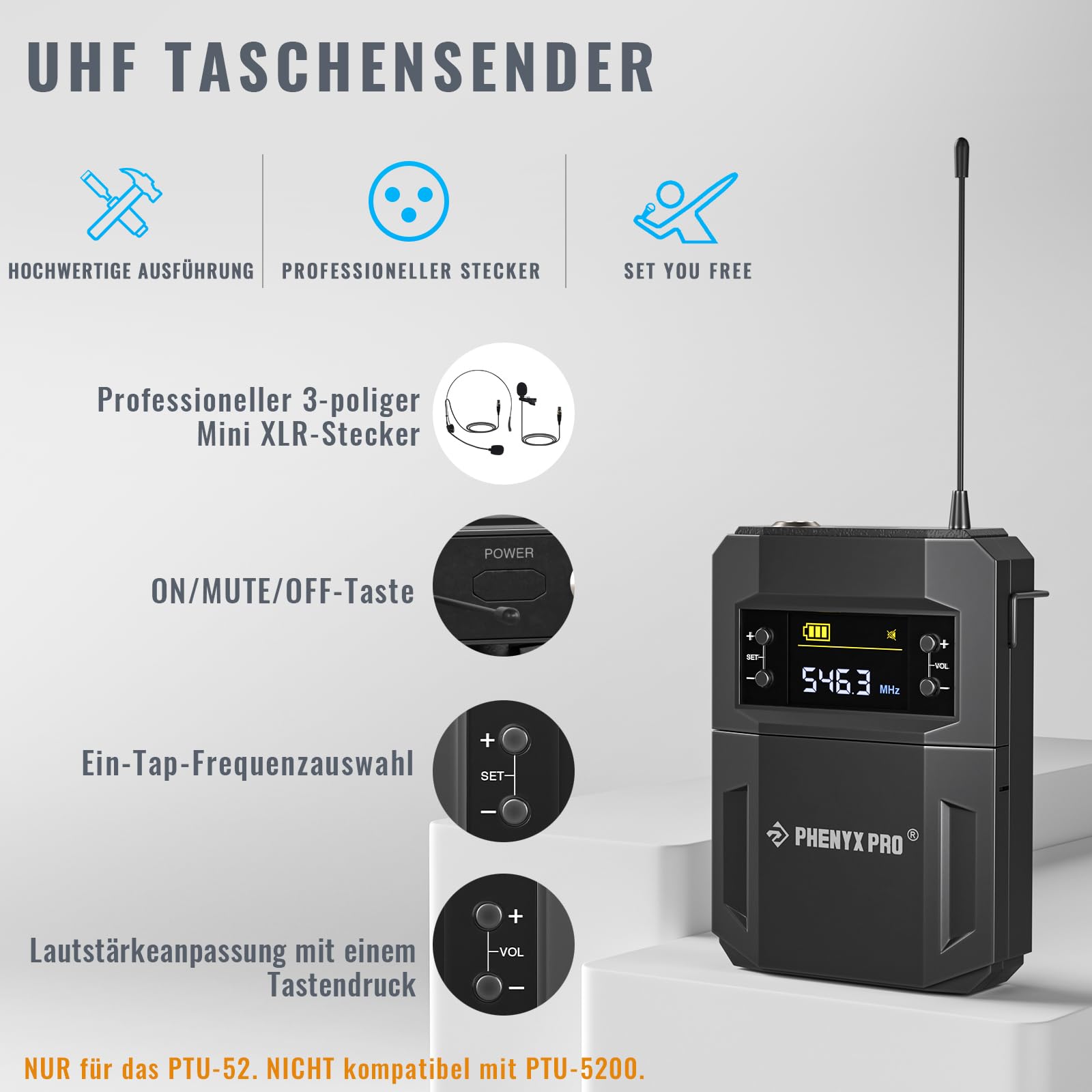 Phenyx Pro UHF Kabelloses Mikrofonsystem mit 2 x 30 abstimmbaren PTU-52-2B | schnurloses Metall-Mikrofon-Set, 61 m Reichweite, 2 Bodypacks & Headsets/Ansteckmikrofone für Sprechen, Singen, Kirche, DJ