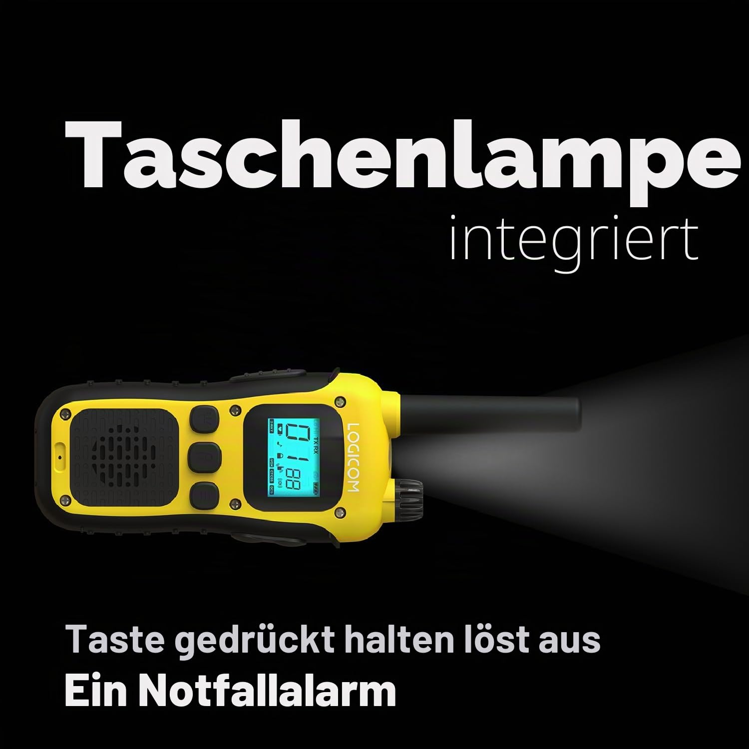Logicom - Adventure Walkie-Talkie PMR446 IP54 Reichweite 10 km Akkulaufzeit 20h LCD-Display USB-C Taschenlampe VOX Freisprechfunktion 16 Kanäle Akku 1000 mAh 2er-Set