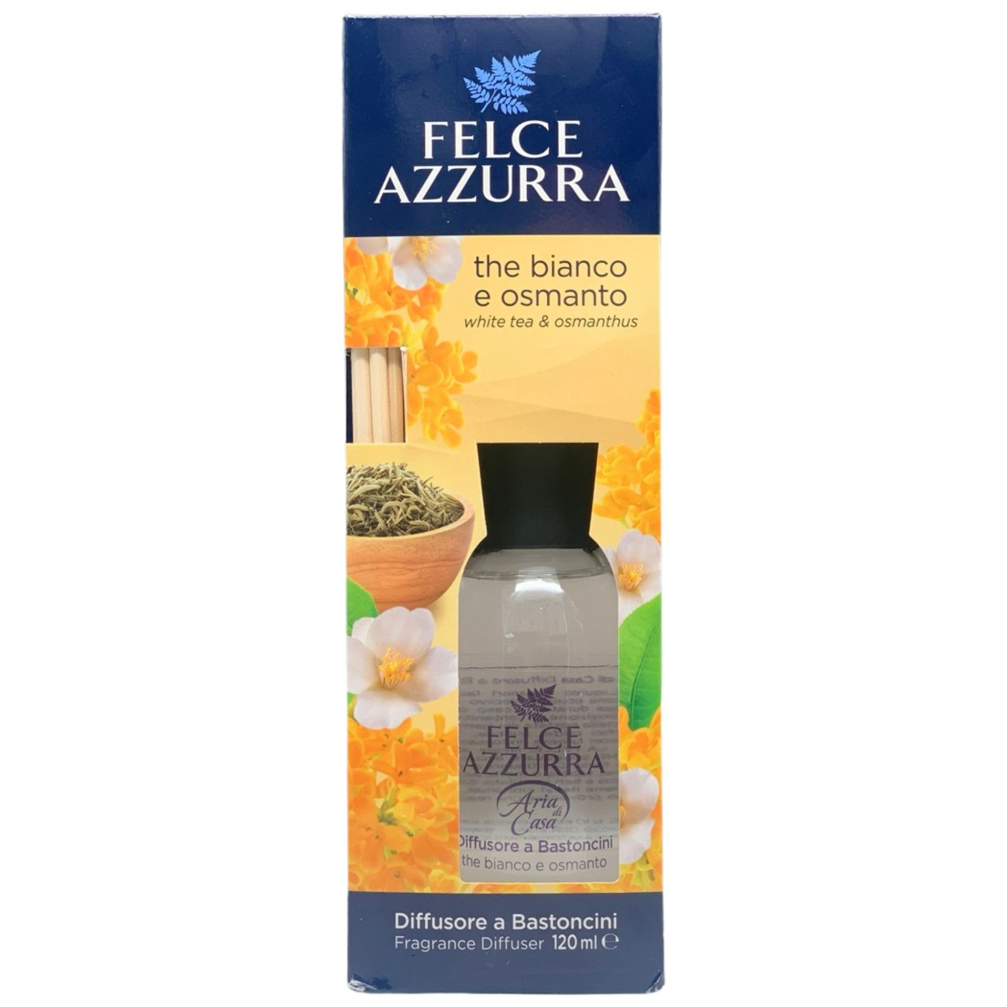 Felce Azzurra Diffusore Ambiente a Bastoncini, Fragranza THE BIANCO E OSMANTO, Formato 120ml + Ricambio 10 Bastoncini Per Diffusori Neri (6 Unità + Bastoncini)