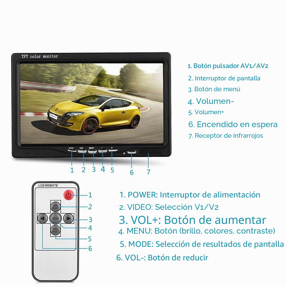 Cámara Trasera para Vehículo con Pantalla TFT LCD HD 7 Pulgadas | 4 Pines, 12-24 V, 18 LED IR, Visión Nocturna, impermeable, Cable de 15 m, Para camiones pesados, remolques