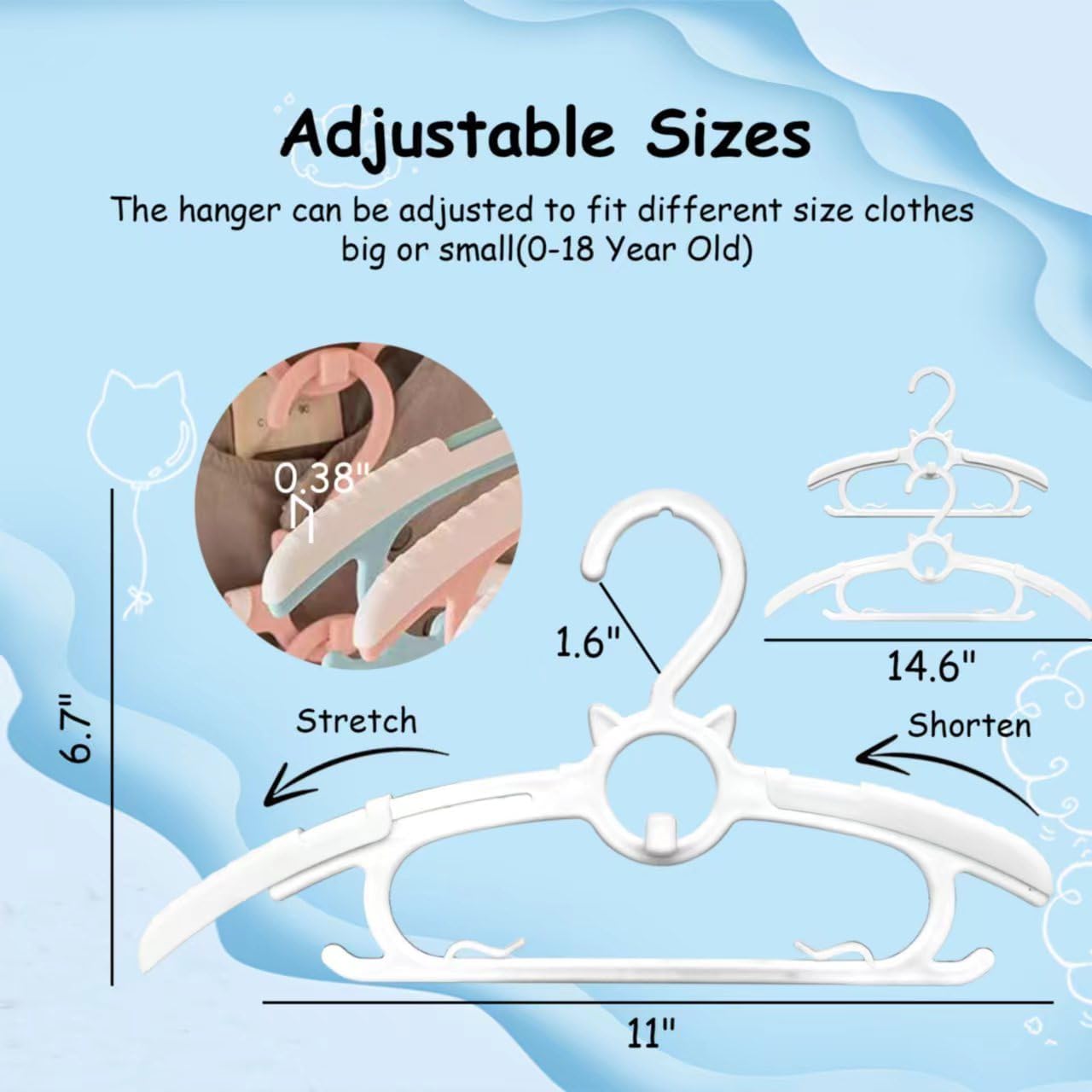 JSF20pcs Mitwachsende kleiderbügel Kinder, 28cm-38cm Einstellbar Kleiderbügel HakenStapelbare Babykleiderbügel Kinderkleiderbügel für Kinderbekleidung Baby Garderobe, Platzsparend（Weiß）