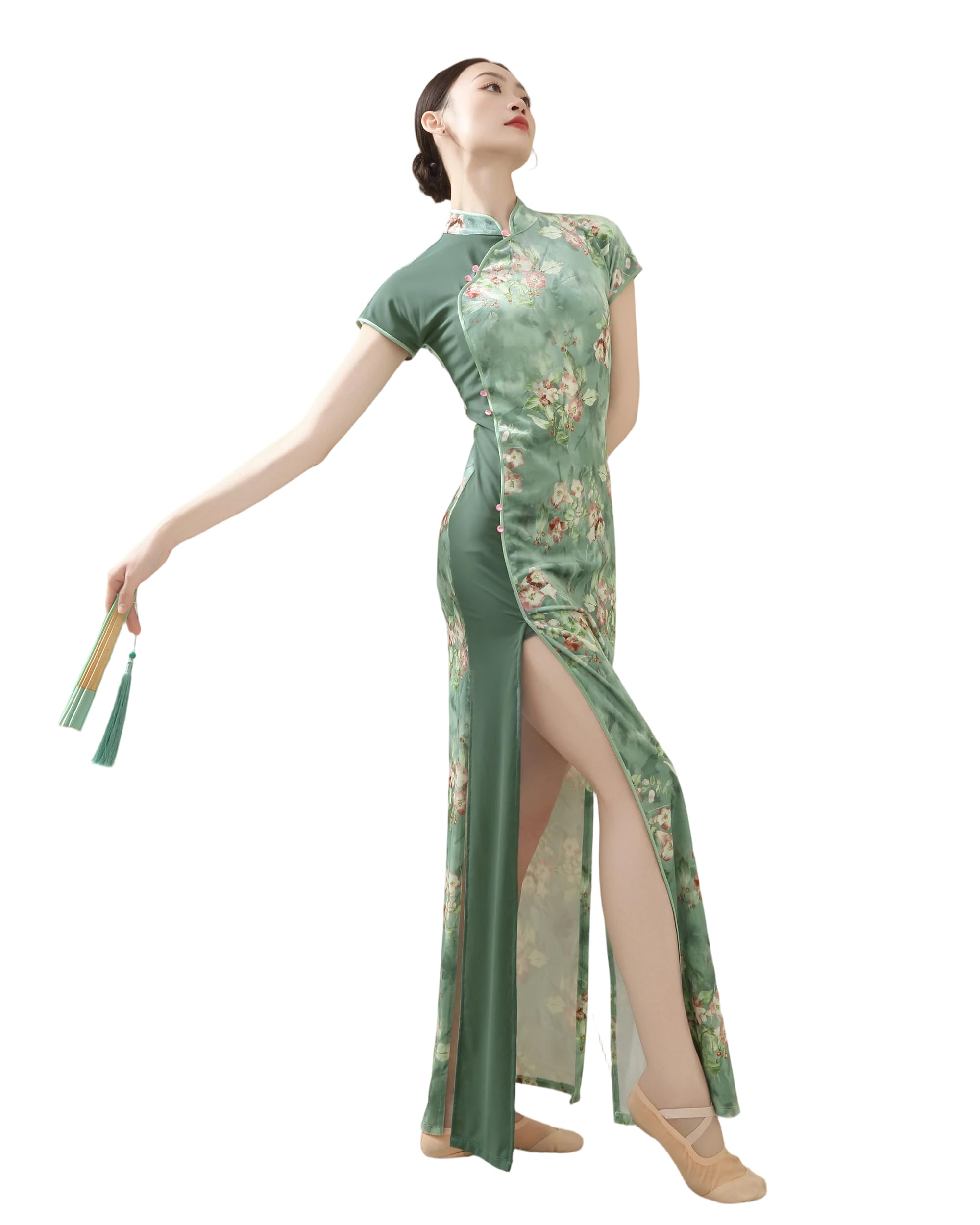 ROYAL SMEELA Robe Cheongsam Longue Femme en Velours,Qipao Chinoise avec Col Mandarin et Manches Courtes