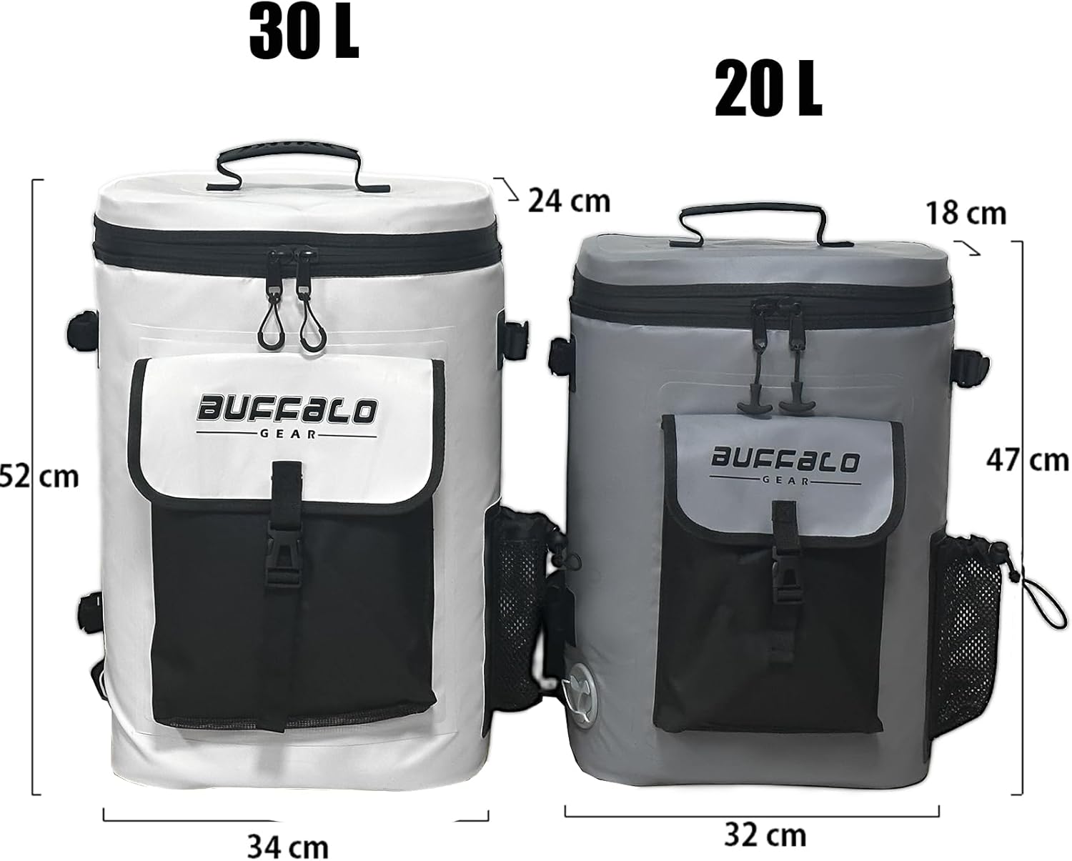 Buffalo Gear 断熱バックパッククーラー ロッドホルダー付き 20L 防水釣りバックパック 釣り、キャンプ、アウトドアスポーツ用の釣具収納バックパック（グレー）