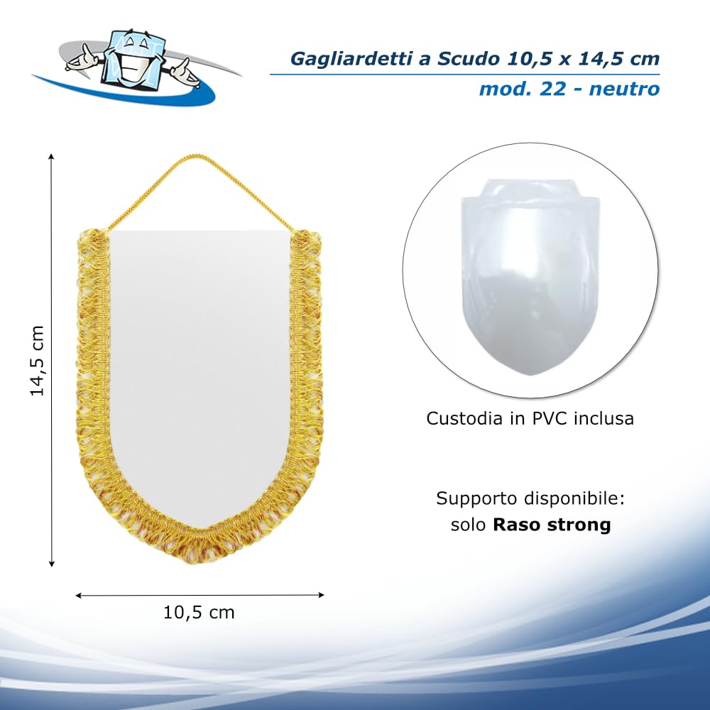 Gagliardetti Neutri o Personalizzati – Confezione 20 o 50 pz. – Forme Triangolare 14x17 cm, Pentagonale 11,5x13 cm, Scudo 10,5x14 cm – Raso Strong/Eco – Frangia Oro o Argento