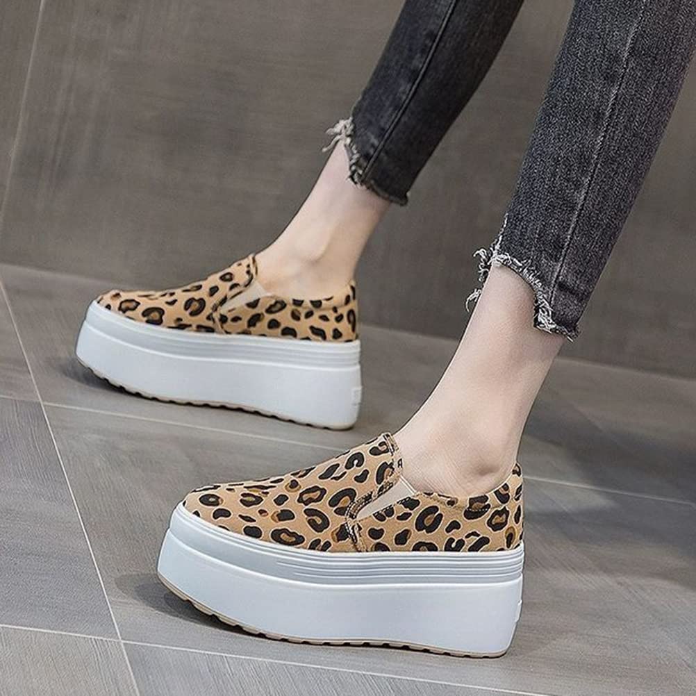Sin Cordones Trainers Mujer Lona Plataforma Plimsolls Leopard Print Hidden Heel Casual Zapatos Vulcanizados Elegantes Zapatillas