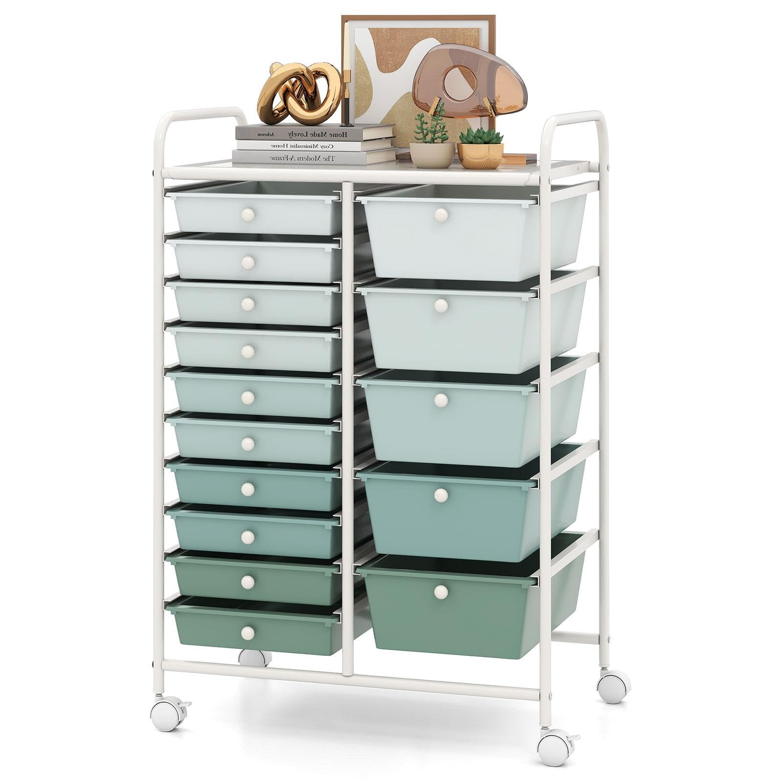 GiantexUK 15 Drawers Rolling Trolley, Utility Storage Organizer Cart with Wheels, Home Office Hairdressing Salon Shelving Organizer Unit (Gradient Green)