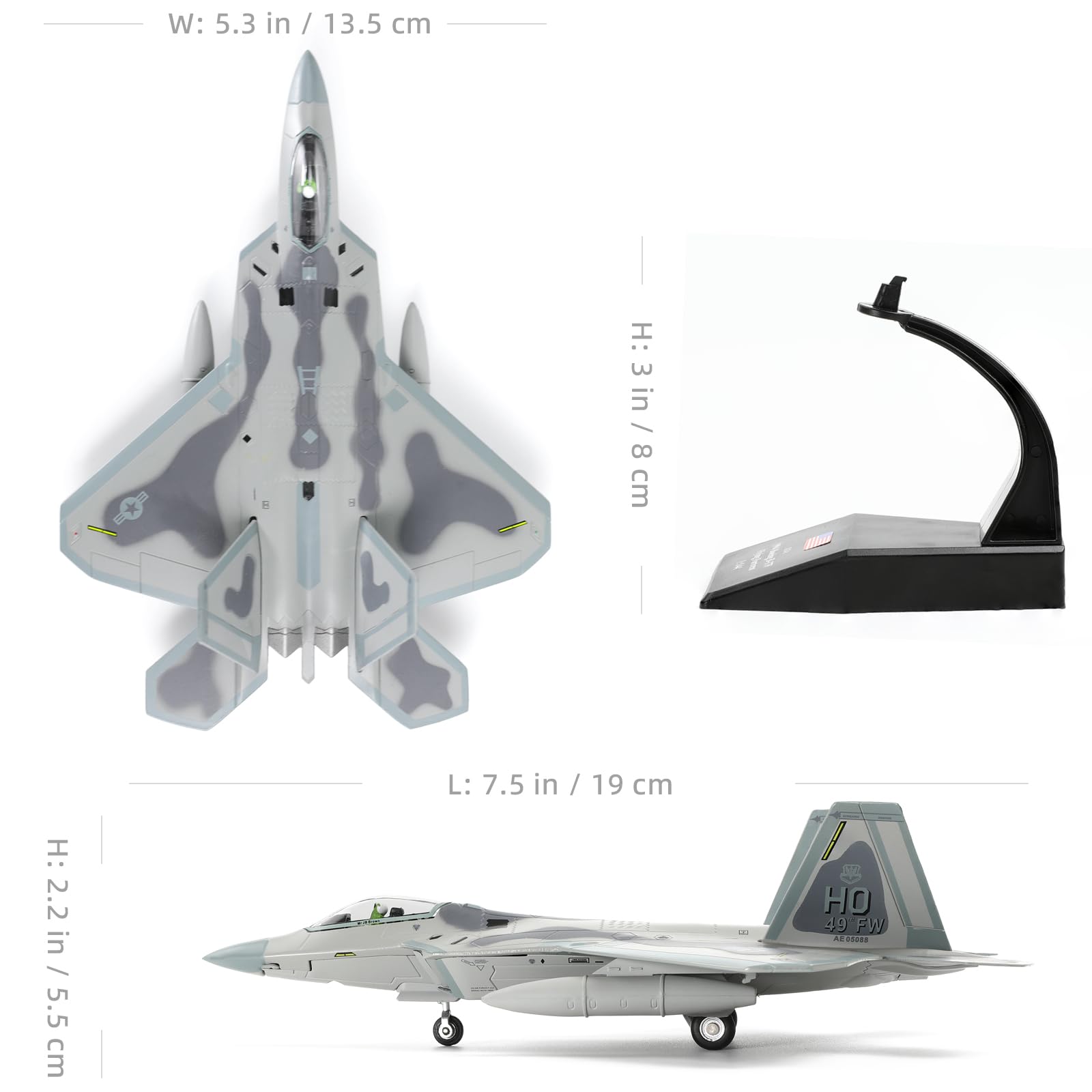 NUOTIE F22 Raptor Maßstab 1/100 Druckguss-Metall-Kampfflugzeug, Stealth-Kampfflugzeug, Luftwaffe, Flugzeugmodell mit Ständer, für Militärsammlungen oder Geschenk (HO 49th FW)