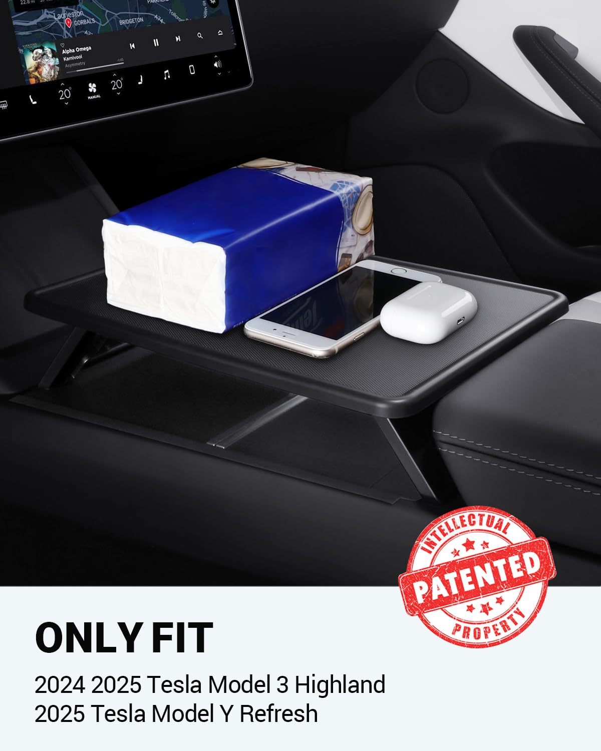 BASENOR Upgrade Tesla Model Y Model 3 Konsola środkowa Taca Antypoślizgowa Składana Samochodowa Biurko na Laptopa do Podróży Drogowych 2024 2025 Model 3 Highland 2025 2026 Model Y Odśwież Akcesoria