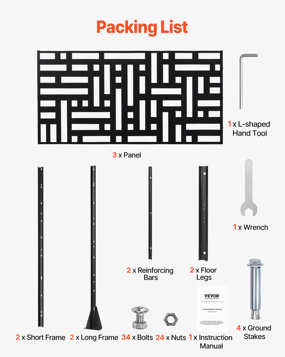 VEVOR Mampara de Privacidad de Metal de 120 x 50,8 x 193 cm con Soporte, Mamparas y Paneles de Privacidad Independiente para Exteriores de 3 Paneles para Jardín, Balcón, Patio, Habitación, Negro
