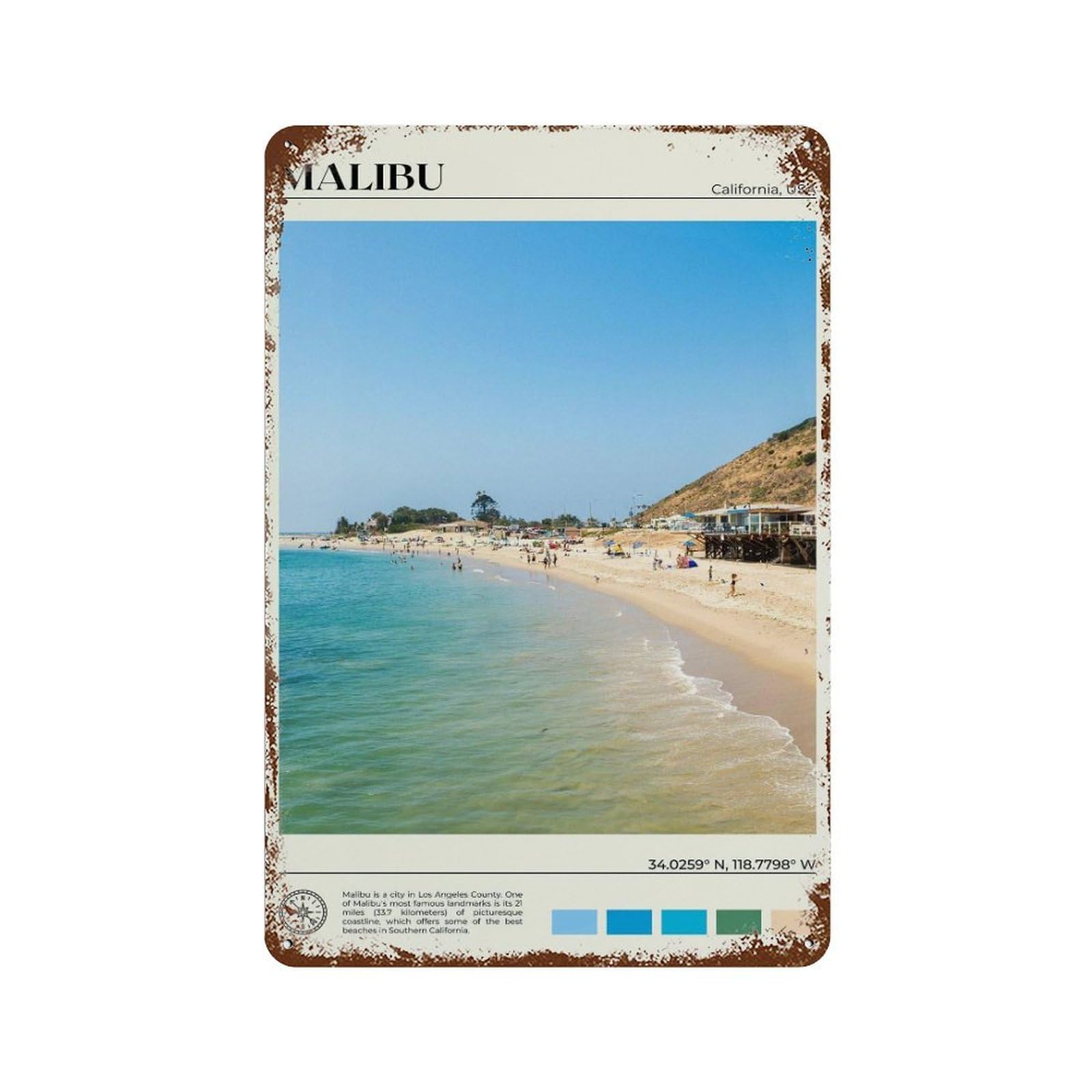 xiaoxiaoshen Real Photo Malibu Decor California Wall Decor Art Metal Tin Poster Modern Home Decor Art Home Bar Shop Decorations Vintage Sign 30x20cm