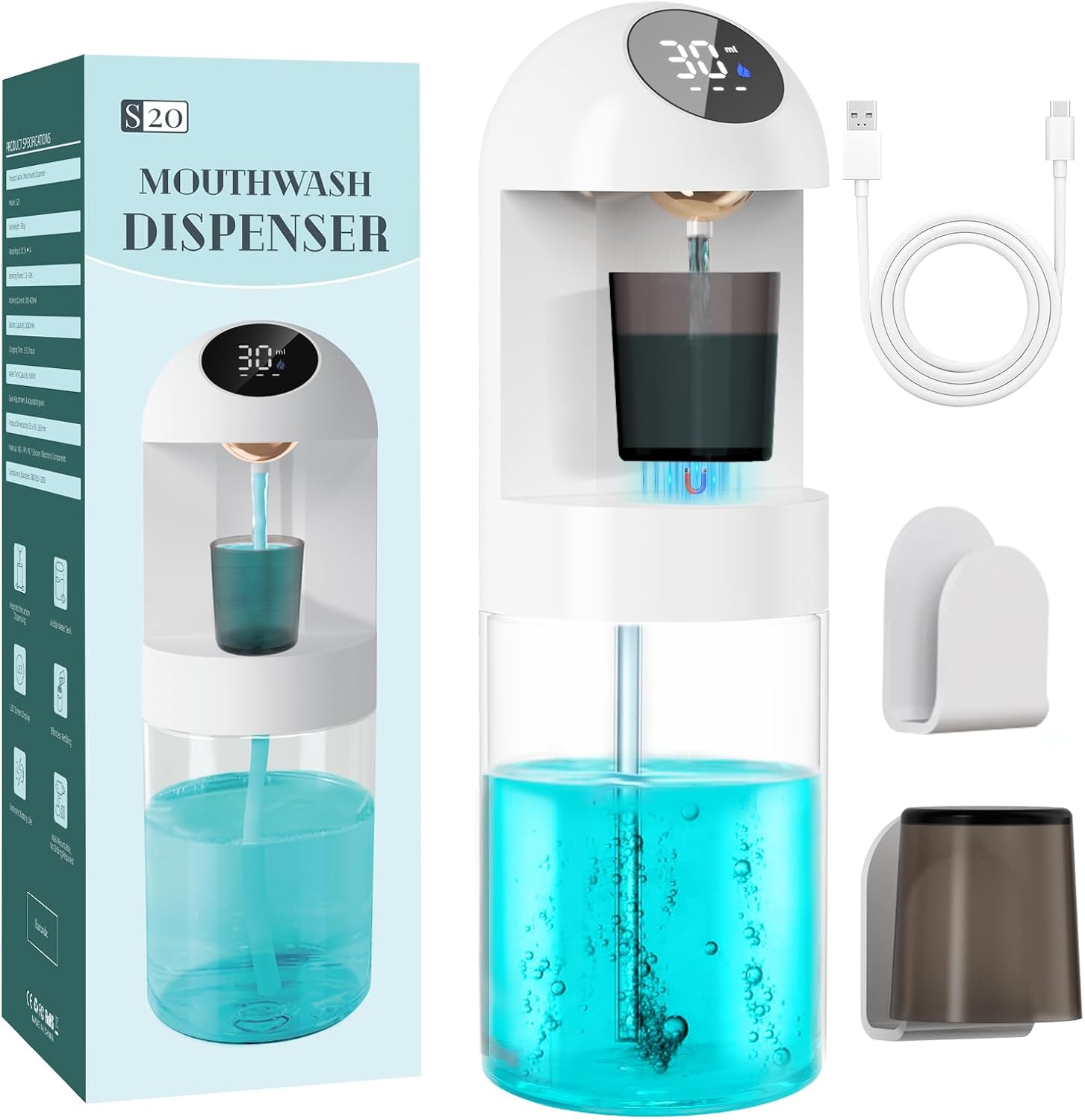 Automatic Mouthwash Dispenser for Bathroom 20.29 oz, Wall-Mounted Electric Mouth Wash Dispensers with 2 Magnetic Cups, 4 Dispensing Modes for Kids Family Couple Use (White)