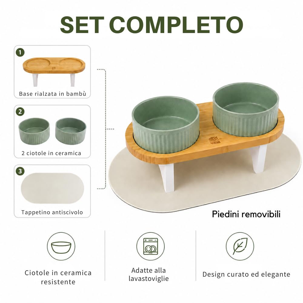 BELMIN Ciotole per Cani Rialzate – Porta Ciotole per Cani Rialzato con Ciotola Cane in Ceramica – 2 Altezze Regolabili – Base in Bambù Naturale – Tappetino Antiscivolo – Ideale anche Ciotola per Gatti