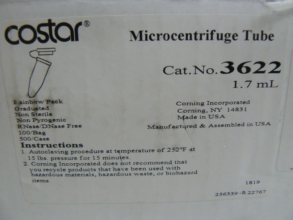 Corning Costar 3622 Polypropylene Snap Cap Conical Nonsterile Microcentrifuge Tube, 1.7ml Volume, Rainbow Color (Case of 500)