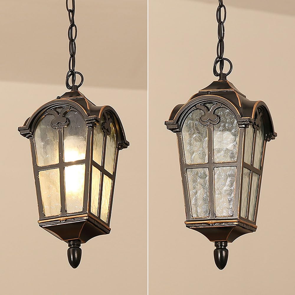 Zewnętrzna lampa sufitowa odporna na deszcz, metalowa lampa wisząca w stylu vintage, z wykończeniem z olejowanego brązu i matowego szkła, wisząca lampion na werandę lub taras, do montażu na ścianie
