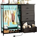 VERMESS 47" Tall 5 Fabric Drawers Dresser with Hanging Rack, Small Dresser for Bedroom, Storage Shelves with Charging Station & LED Lights, Chest of Drawers, Freestanding Closet Organizer, Black