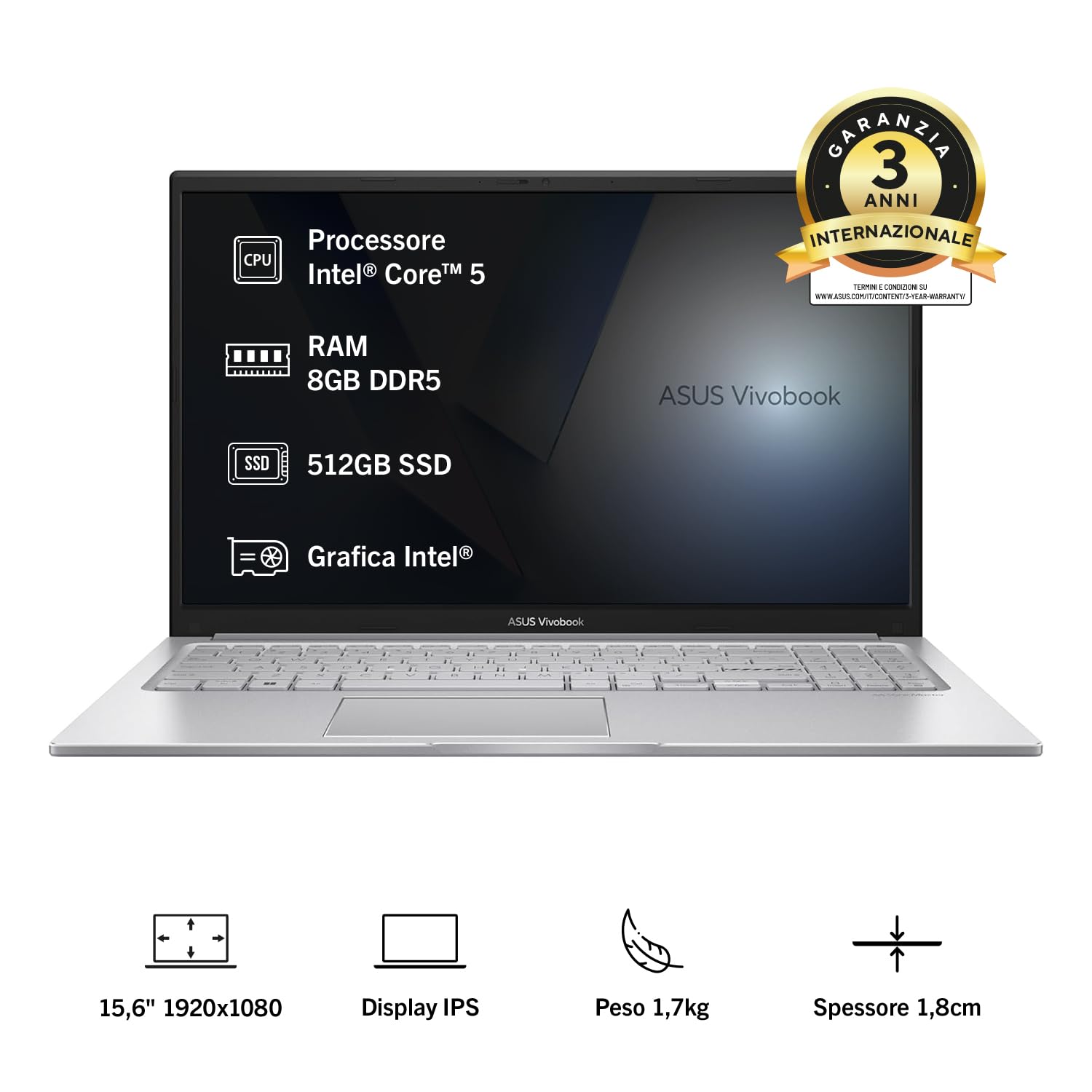 ASUS Vivobook 15 F1504MA#B0GN3H335T, Notebook con display 15.6" IPS, Anti-glare, 60Hz, INTEL WCL Core™ 5,RAM 8GB, 512GB SSD, WIN11 Home, Argento