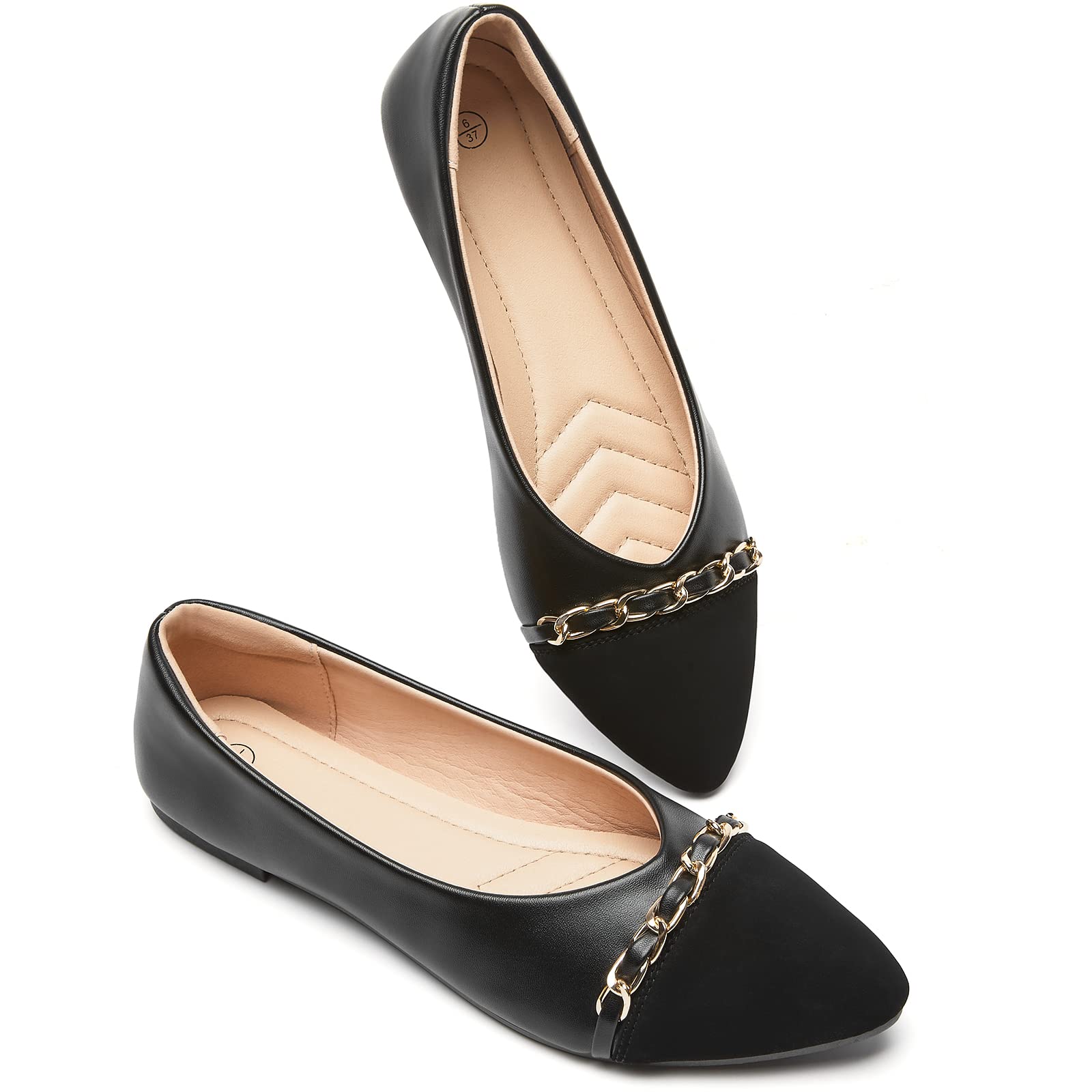 BabudogWomen's PU Leather Flats Shoes Black Dress Shoes Stitching Faux Suede Pointed-Toe Work Shoes