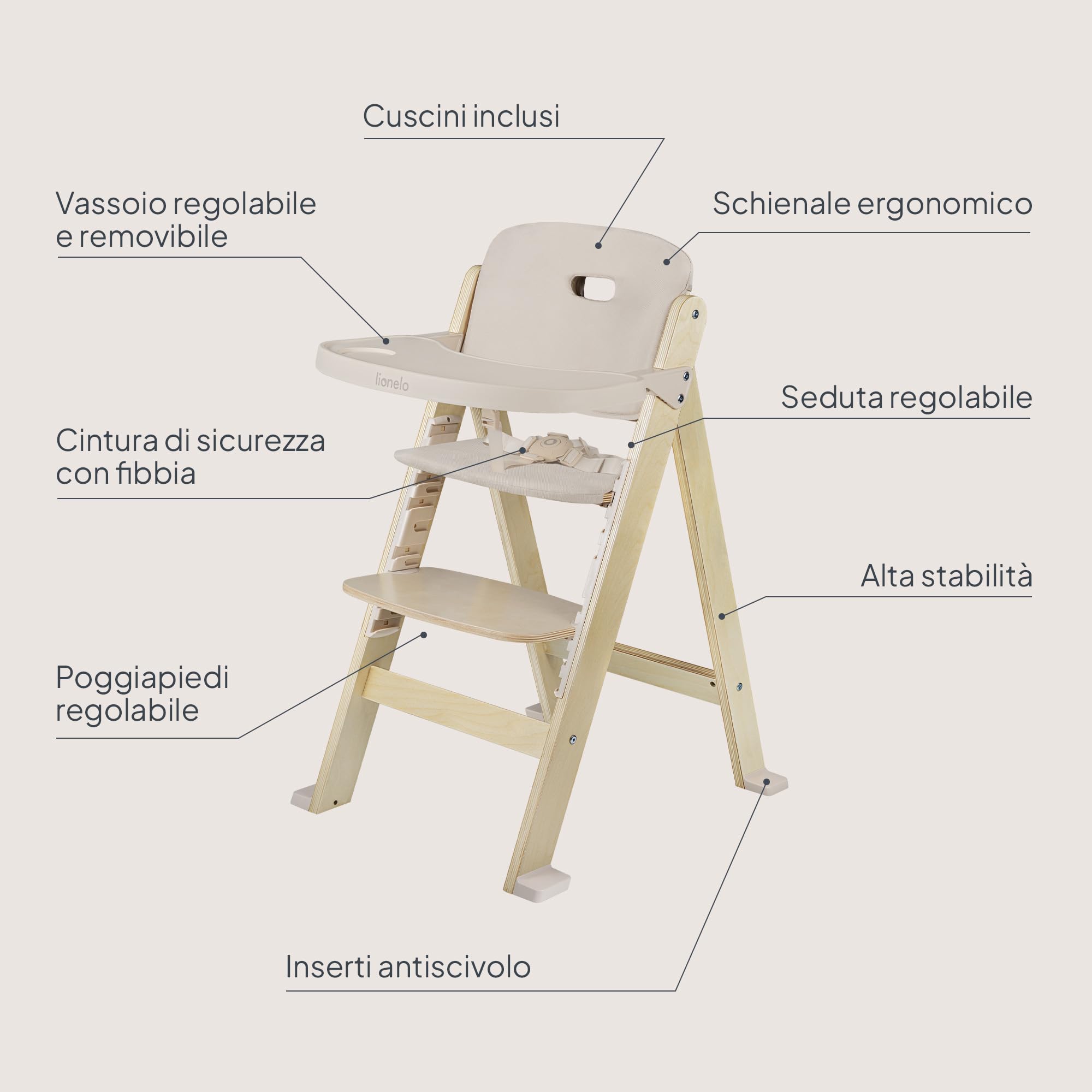 LIONELO Floris Seggiolone Pappa 3 in 1 in Legno da 6 Mesi a 40 kg | Evolutivo fino a 12 Anni, Sedile e Poggiapiedi Regolabili in Altezza, Vassoio Rimovibile