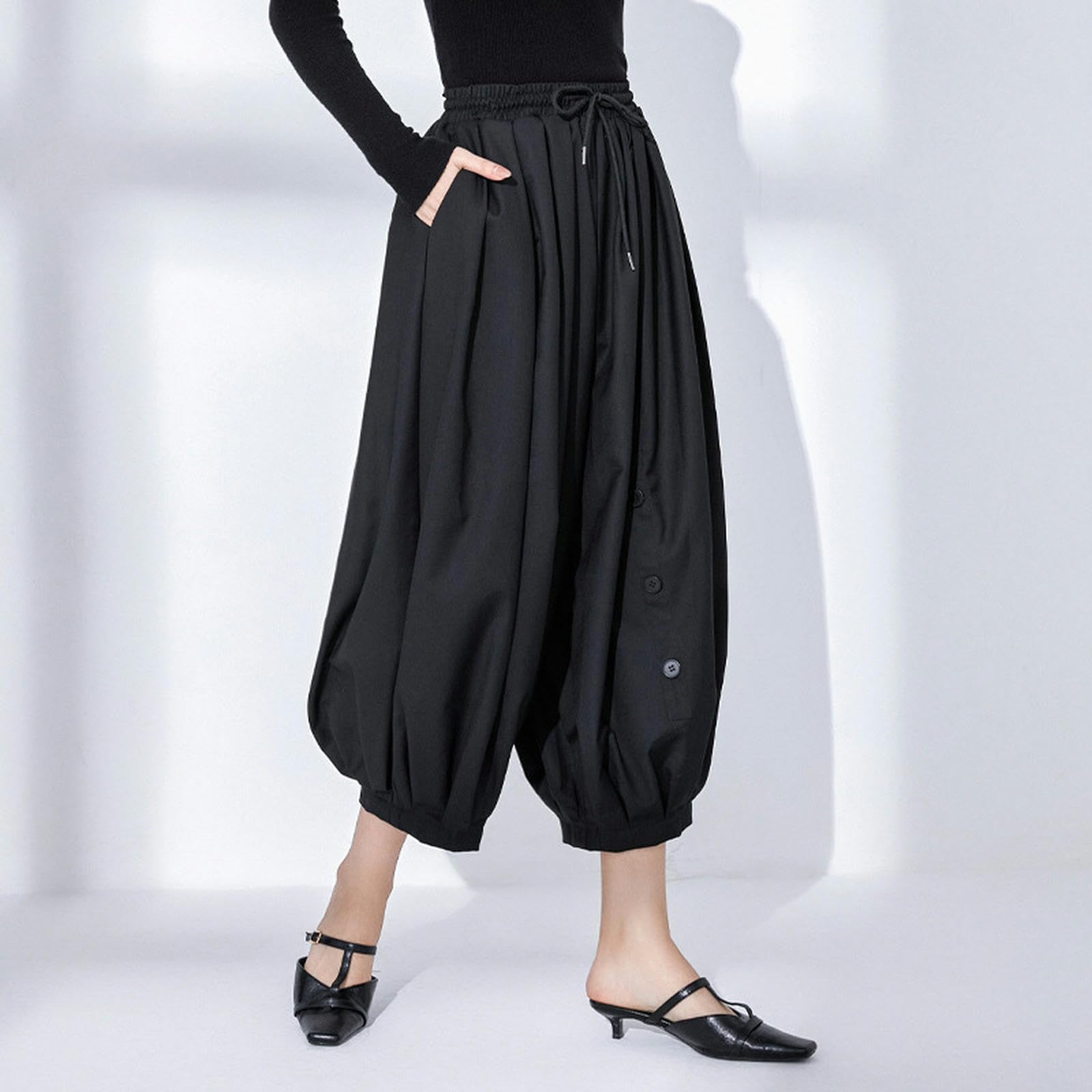 Pantalones Anchos Sueltos y versátiles Pantalones Casuales de Nueve Puntos para Mujer-Negro-M