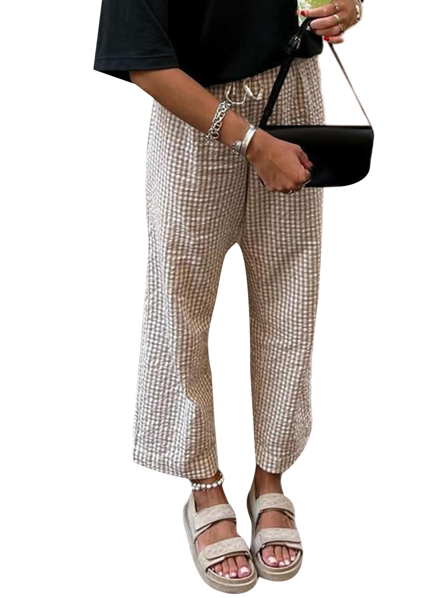 Womens Summer Casual Pants Plaid Drawstring High Waist Straight Leg Trousers for Daily Wear
