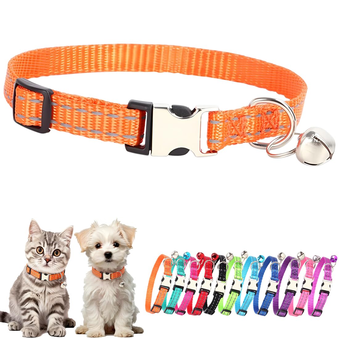 Orange Extra Small Dog Collar With Bell, Reflective Puppy Collar Metal Buckle Cat Collar With Bells Adjustable For XXS XS Tiny Little Breed Dogs Kitten Boys Girls Male Pets Like Chihuahua, X-Small