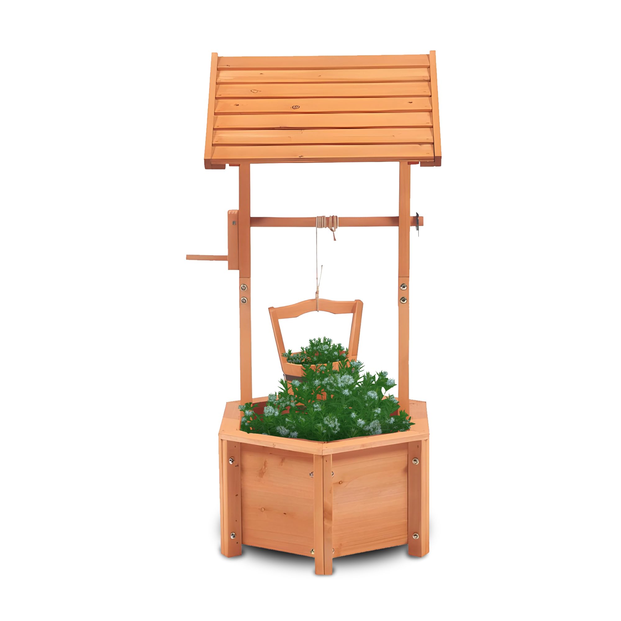 BONAFIDE Wooden Wishing Well Planter with Hanging Bucket, Flowers Shrubs Plants, Heavy Duty Garden Ornamental Flower Pot, Wooden Ornamental Garden Plant/Flower