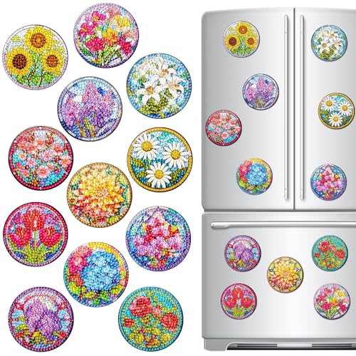 Zonon 12 Pcs Floral Refrigerator Diamond Painting Magnets Easy Flower Diamond Art Painting Magnetic Stickers Kits Fridge Magnets for Adults DIY Home Decors