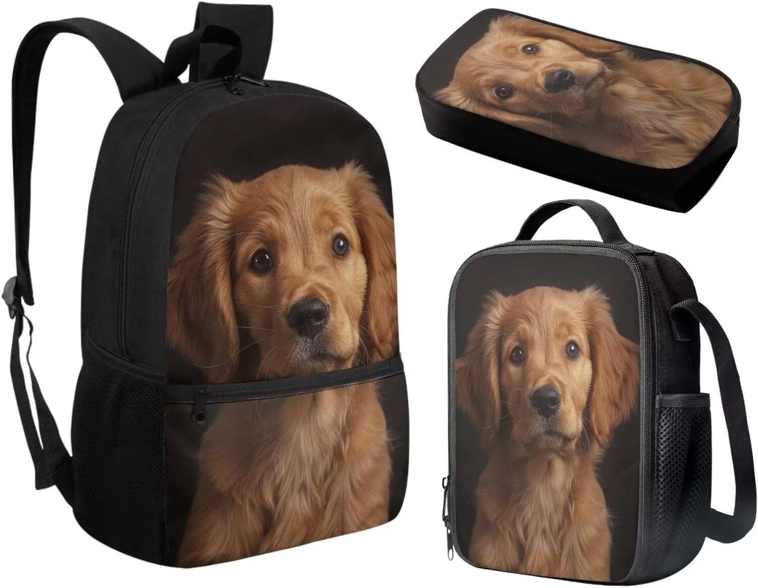 Golden Retriever Backpack with Lunhbox for Girls 6-8 8-10 Elementary Students School Bag and Lunch Box for 4th Grade Animal Dog Bookbags Lunch Bag Pencil Case