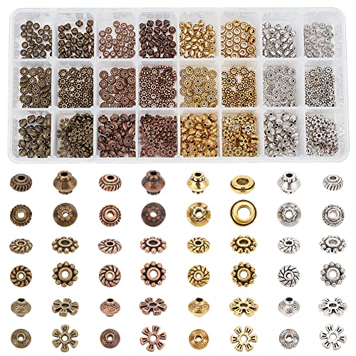 PandaHall 720 piezas de cuentas espaciadoras de metal, 6 estilos Tibetan Gear Bicone Flor cuentas de aleación, cuentas sueltas para hacer joyas de pulsera y collar (Plata Antigua, Bronce, Dorado, Oro