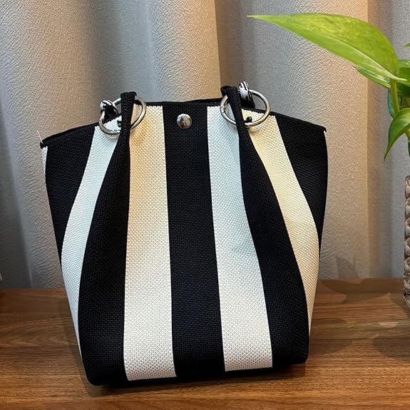 Image of Kawn Knit Crochet Tote Bag for Women - Striped Bucket Style Shoulder Handbag | Lightweight Boho Beach Purse for Travel, Vacation & Casual Use