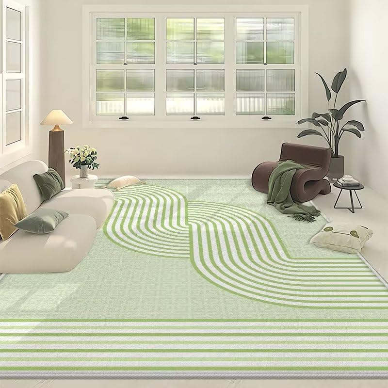 Tapis salon rayures vert beige 100x140cm lavable et antidérapant