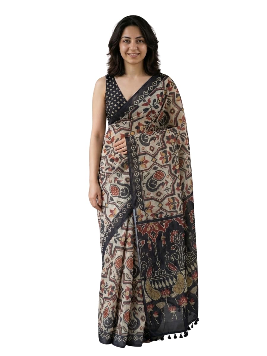 Beige Silk Kalamkari Printed Saree for Women-image-15