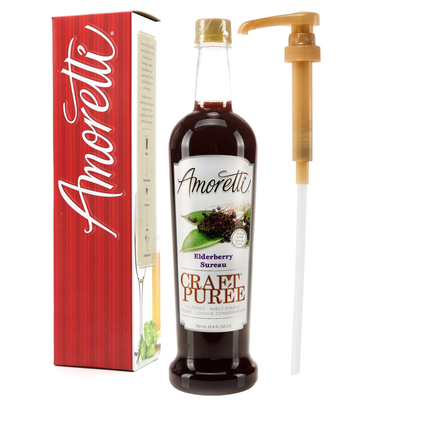 Amoretti - Elderberry Craft Puree 750 ml, Perfect for flavoring Cocktail, Brewing, Beer, Wine, alcoholic beverages, and Mocktail, Drink Mix, Mixers, Made of Real Fruit, No Preservatives, with Pump