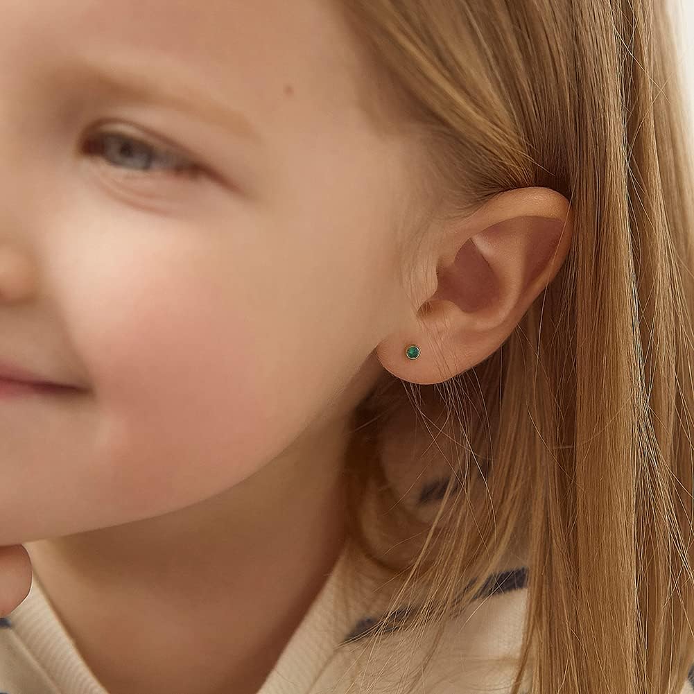 14k Yellow Gold Tiny 3mm Bezel Set Cubic Zirconia Simulated Birthstone Screw Back Earrings for Babies & Toddlers - Cute Birth Month Stud Baby Earrings with Safety Screw Backs