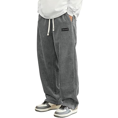 Mens Corduroy Casual Pants Fashion Loose Fit Wide Leg Pants Straight Sweatpants Elastic Waist Drawstring
