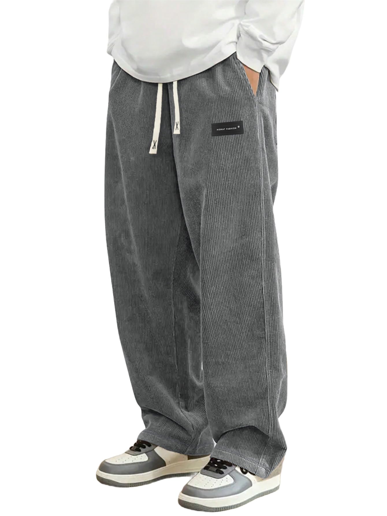 Hidkat Mens Corduroy Casual Pants Fashion Loose Fit Wide Leg Pants Straight Sweatpants Elastic Waist Drawstring