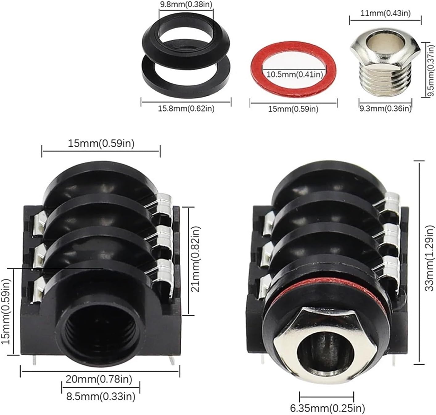 100PCS 1/4" 6.35 mm Stereo Audio Socket Jack Connector 6.5 mm Solder Right Angle Tip Ring Sleeve