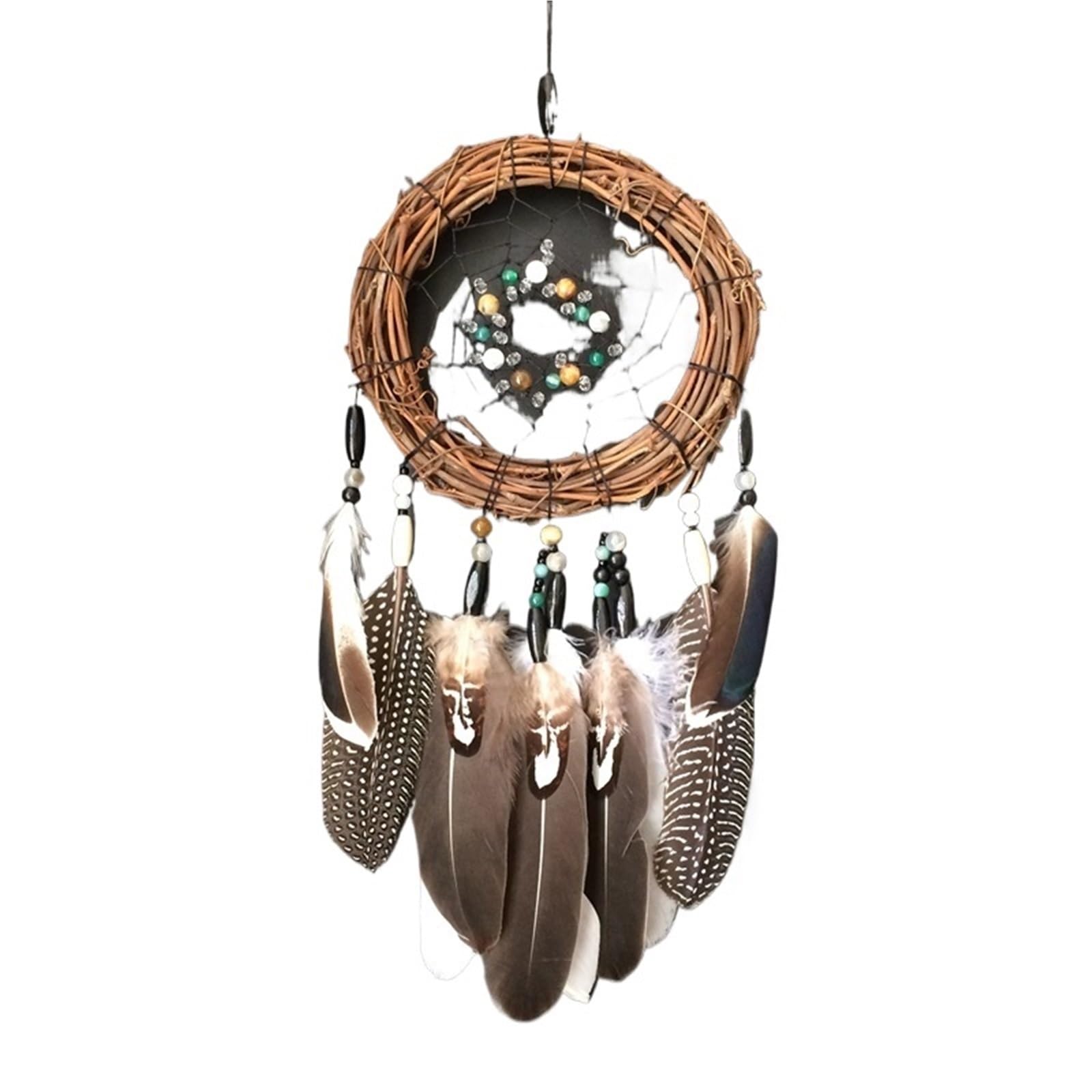 2PCS Handmade Dream Catcher Hanging With Rattan Bead Feathers Wall Car Decoration Ornament Dreamcatcher for Bedroom(Brown)