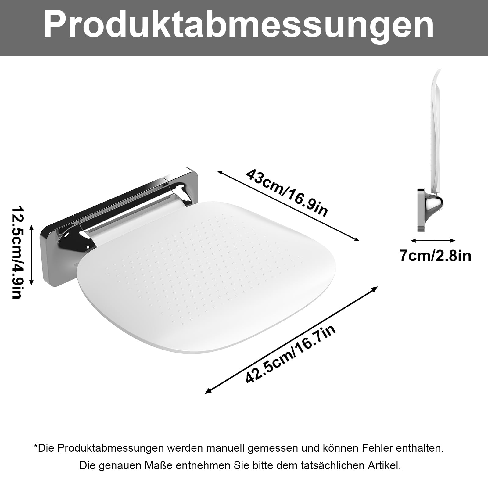Składane siedzisko prysznicowe, montaż ścienny z dużą powierzchnią do siedzenia, ergonomiczny, antypoślizgowy taboret kąpielowy dla seniorów i niepełnosprawnych, obciążenie 180 kg, kolor biały