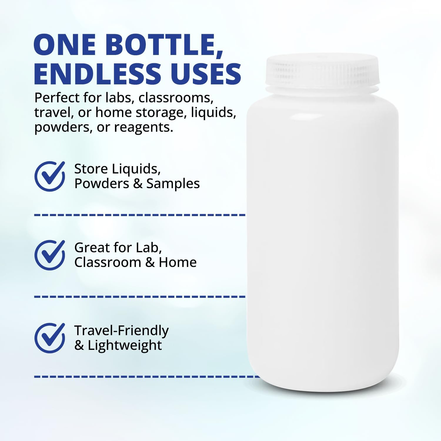 United Scientific® Unistore™ Sample Containers with Lids - 16 Oz Bottles with Caps (500ml) Capacity - HDPE Bottle with Lid - Wide Mouth Reagent Bottle - Leak Proof Sample Bottles, Pack of 12