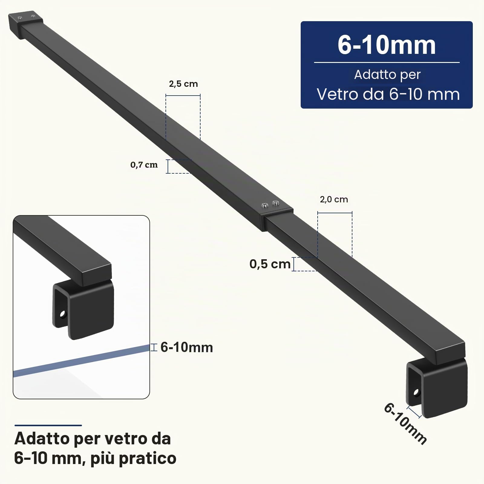 SVNR - Barra di supporto telescopica regolabile in acciaio inossidabile per pannello doccia, 700mm-1200mm, spessore vetro 6-10mm (Nero Opaco Quadrato)