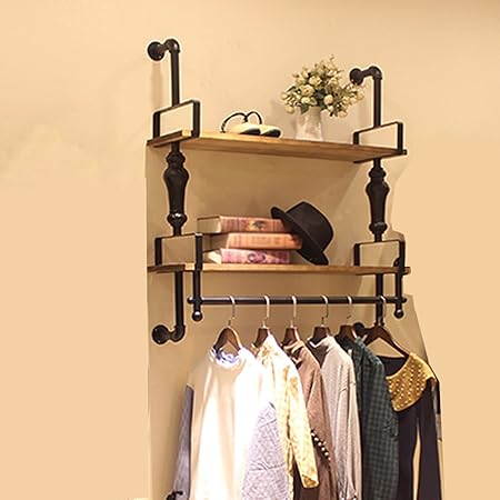 Amazon ウォールラック 壁面収納ハンガーラック 洋服ラック ディスプレイラック 頑丈パイプ ディスプレイ ラック オシャレ ウォールシェルフオープンシェルフ鉄製棚ウォールシェルフラック 飾り棚アンティーク風 木製 壁掛け棚 工業系 ヴィンテージ 什器 おしゃれ 壁面