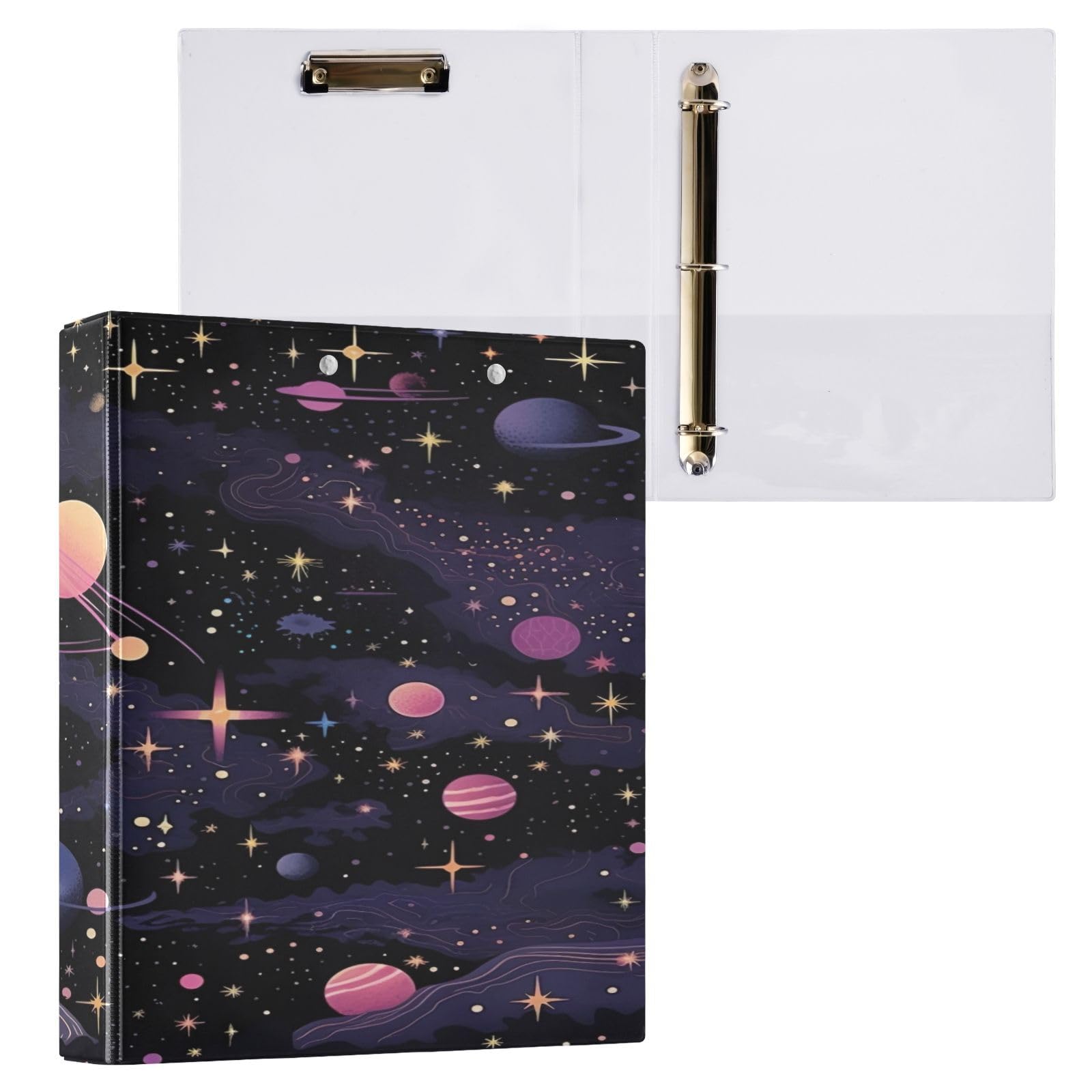 Raccoglitore a 3 anelli, 3,8 cm, decorativo, rotondo, con clip in metallo, design astronomico (4), formato lettera, per casa e ufficio, confezione da 2