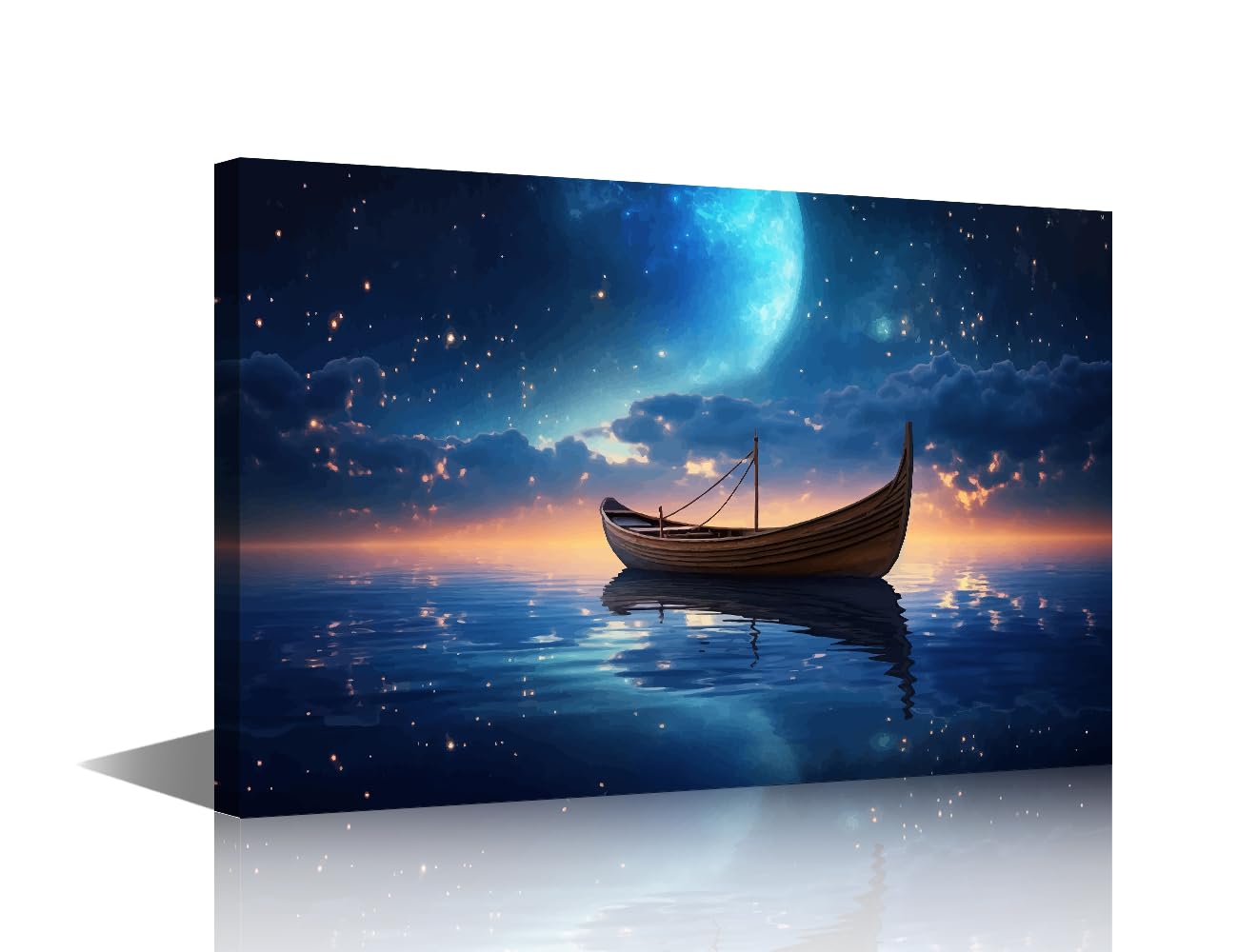 TISHIRON Lonely Boat on the Lake Canvas Wall Art Landscape with a Lake Painting Wall Decorations for Living Room Boat under the Stars Pictures for Bedroom Wall Decor 16" Wx24 Hx1 Panel