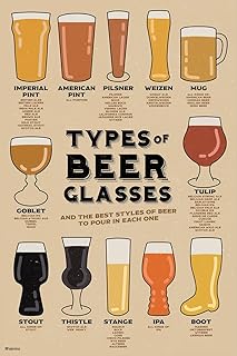 Types of Beer Glasses and Styles of Beer Reference Guide Chart Home Bar Decor Pub Decor IPA Beer Mug Pint Glass Beer Porter Stout Ale Beer Stein Brewing Cool Wall Art Print Poster 12x18